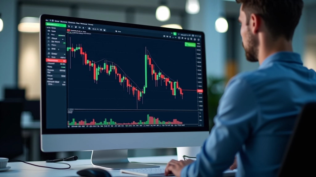 Financial charts and trading data displayed on a professional monitor in a modern office environment