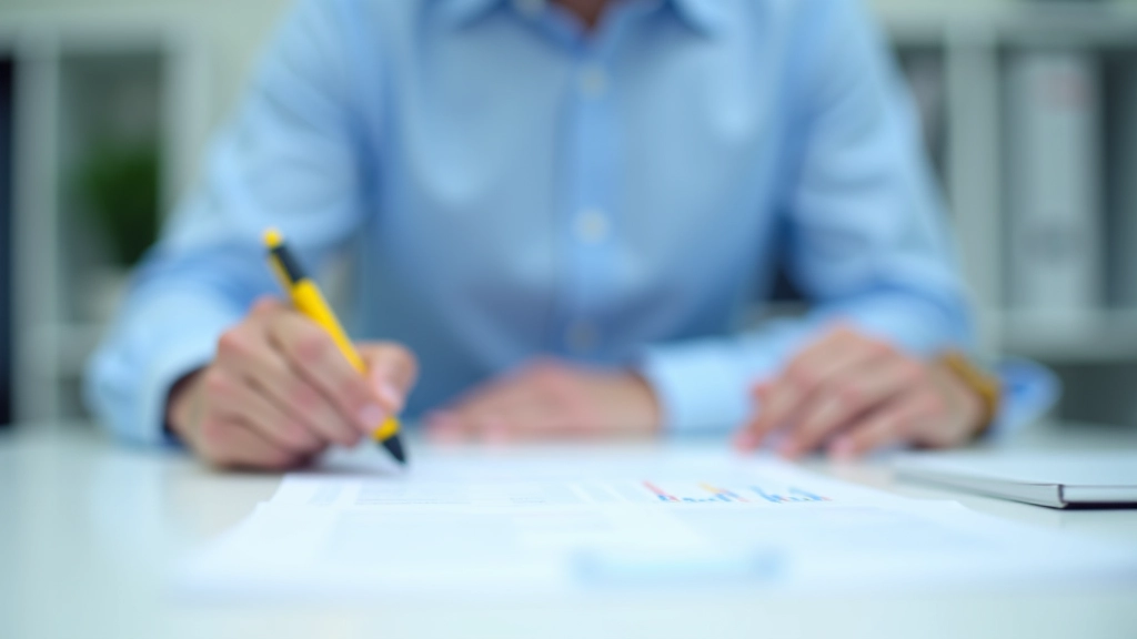 Business professional reviewing annual report with highlighter and notes, detailed documentation study