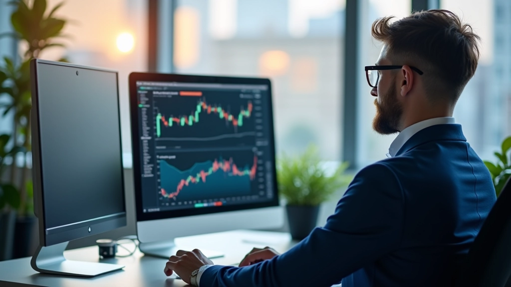 Investor reviewing portfolio performance metrics and risk assessment on computer screen in professional setting