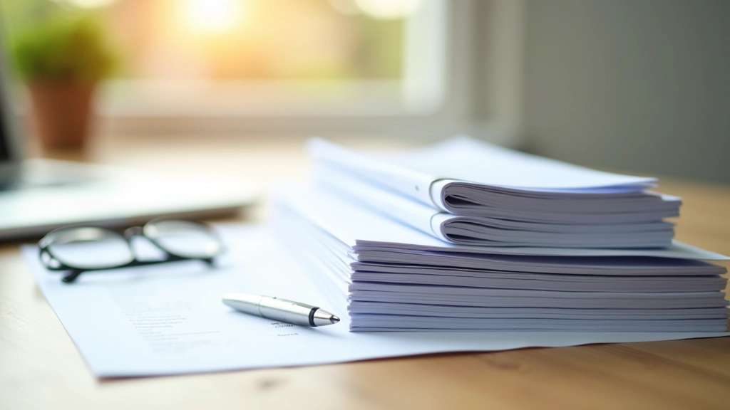 Stack of financial reports and business documents with pen on desk, organized paperwork