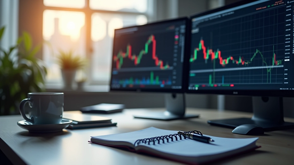 Professional trading setup with multiple monitors displaying market charts and financial data in a modern office environment