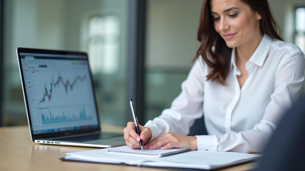 Person taking notes while studying financial documents at laptop, focused learning session